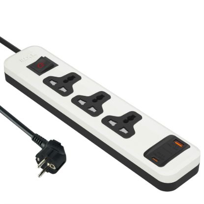 مشترك يونيفرسال 3 مخارج، USB-C وUSB-A، شحن سريع، 2 متر