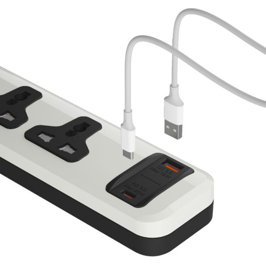 مشترك يونيفرسال 3 مخارج، USB-C وUSB-A، شحن سريع، 2 متر - أبيض — صورة 3