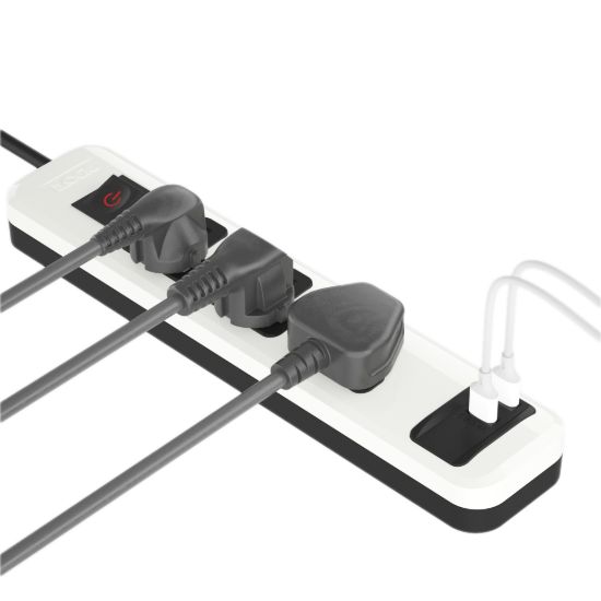 مشترك يونيفرسال 3 مخارج ومنفذا USB-A، شحن سريع، 2 متر - أبيض — صورة 2