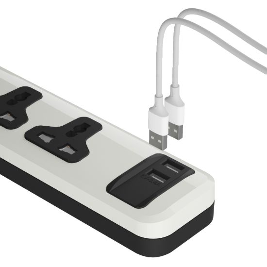 مشترك يونيفرسال 3 مخارج ومنفذا USB-A، شحن سريع، 2 متر - أبيض — صورة 3
