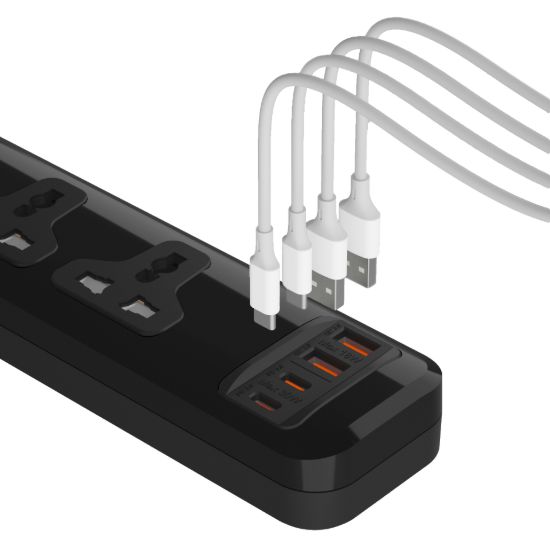 مشترك يونيفرسال 3 مخارج و4 منافذ USB، ‏2 USB-C و2 USB-A، شحن سريع، 2 متر - أصفر — صورة 4