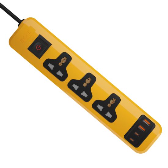 مشترك يونيفرسال 3 مخارج و4 منافذ USB، ‏2 USB-C و2 USB-A، شحن سريع، 2 متر - أصفر — صورة 5