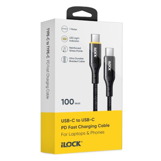 كابل شحن سريع 100 وات، USB-C إلى Type-C، مضفر بمؤشر ليد
