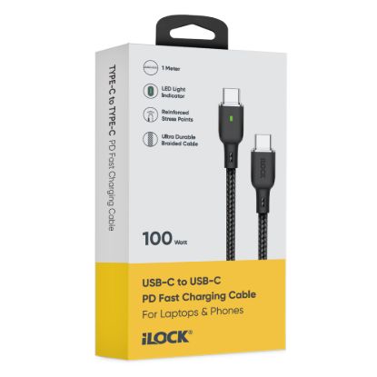 كابل شحن سريع 100 وات، USB-C إلى Type-C، مضفر بمؤشر ليد أخضر