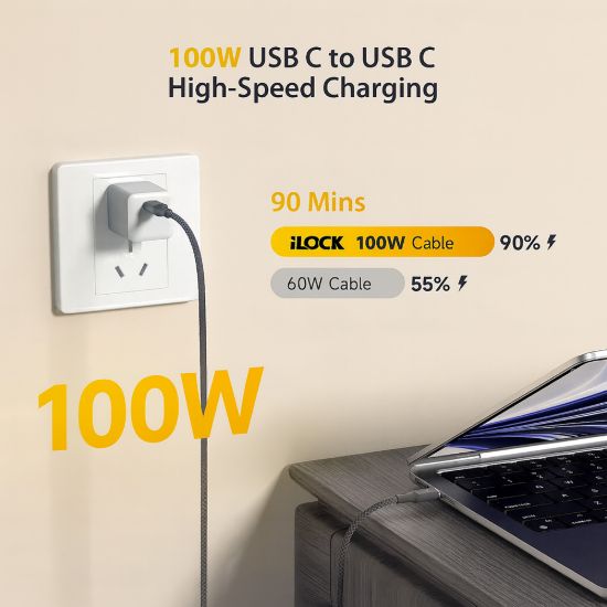 كابل شحن سريع 100 وات، USB-C إلى Type-C، مضفر بمؤشر ليد أخضر — صورة 4